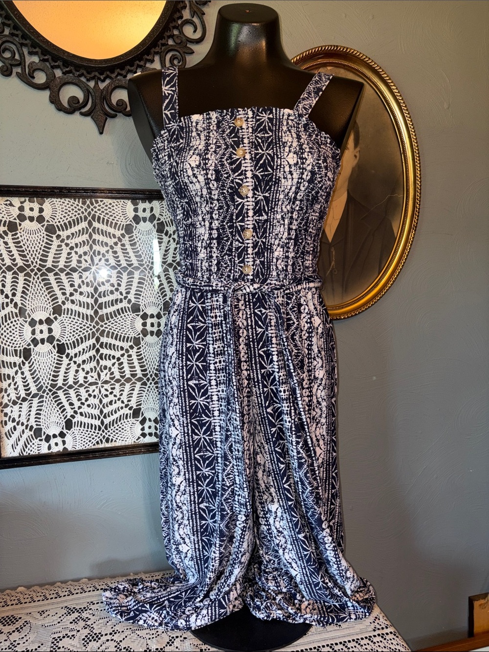 Derek Heart Navy and White Patterned Button-Front Jumpsuit